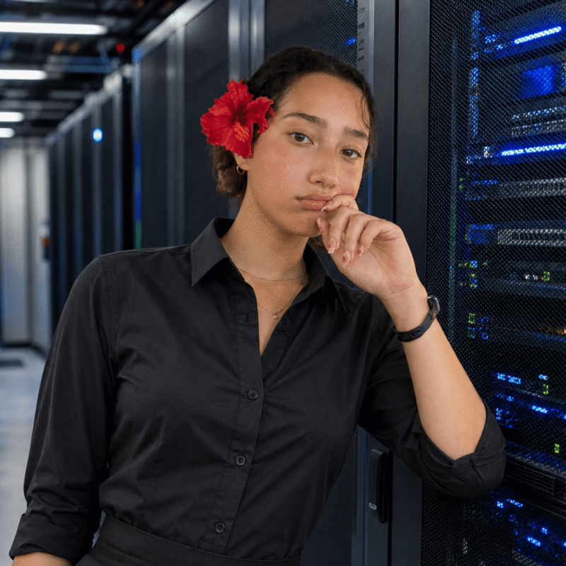 Firefly_gpt-image_change the dress please to something that people wear in a server space and bg to ser 967127