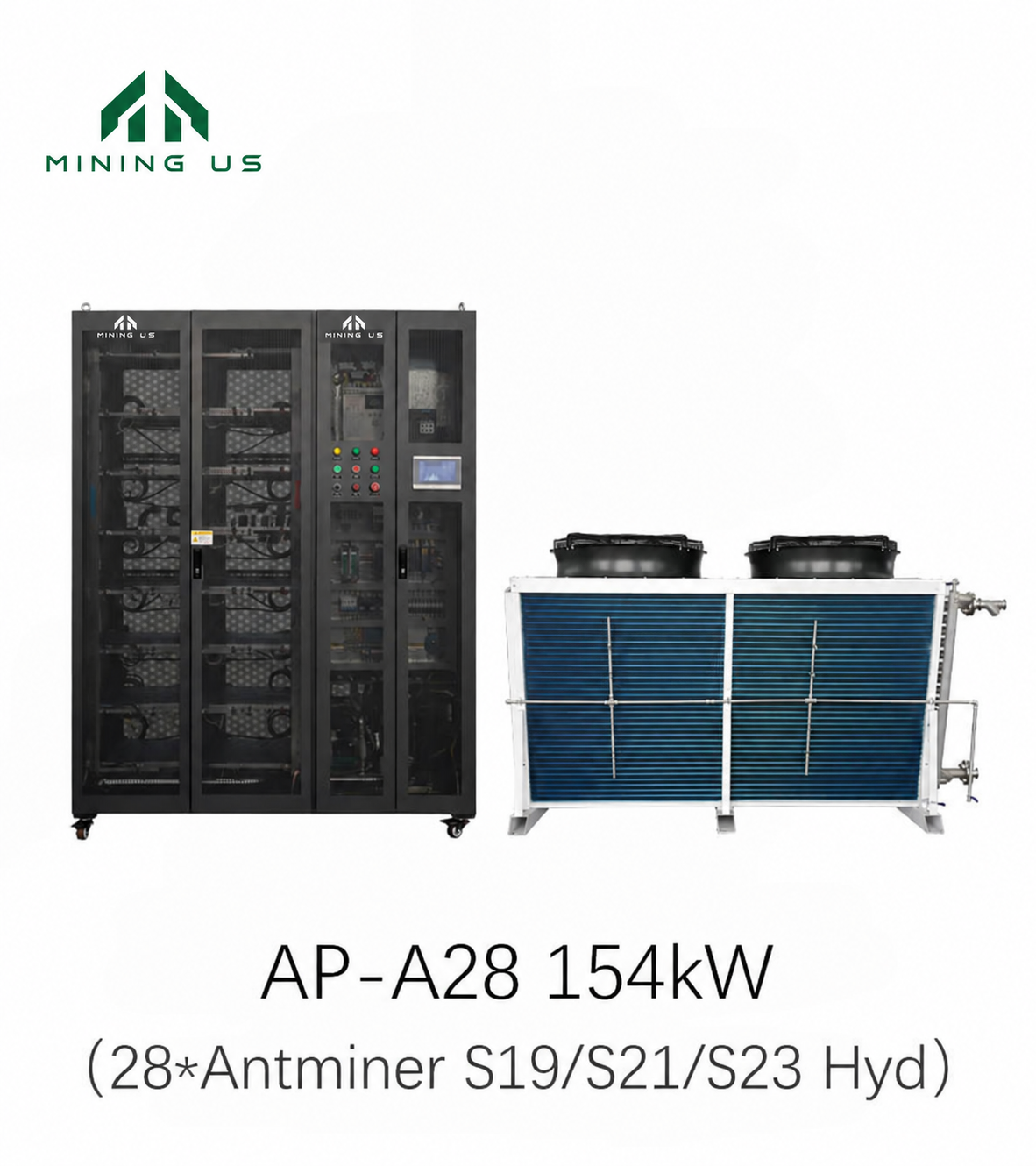 miningus-a28-main AP-A28 154kW 28-slot Antminer hydro cabinet with dry cooler — MiningUS