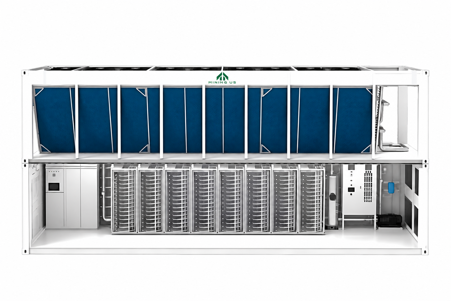 MiningUS 180-slot Antminer 3U hydro container with integrated dry cooler and reinforced server cabinets