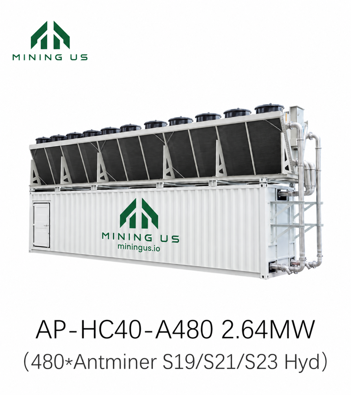 miningus-a480-main AP-HC40-A480 2.64MW 480-slot Antminer hydro cooling container with MiningUS branding