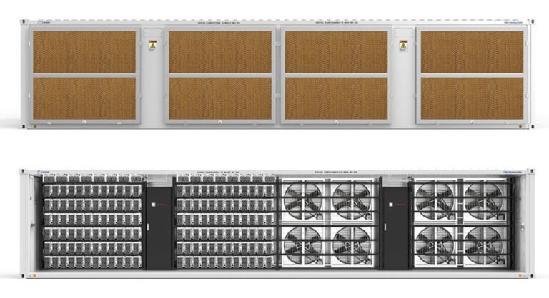 288-slot container layout showing mining rows and ventilation fans