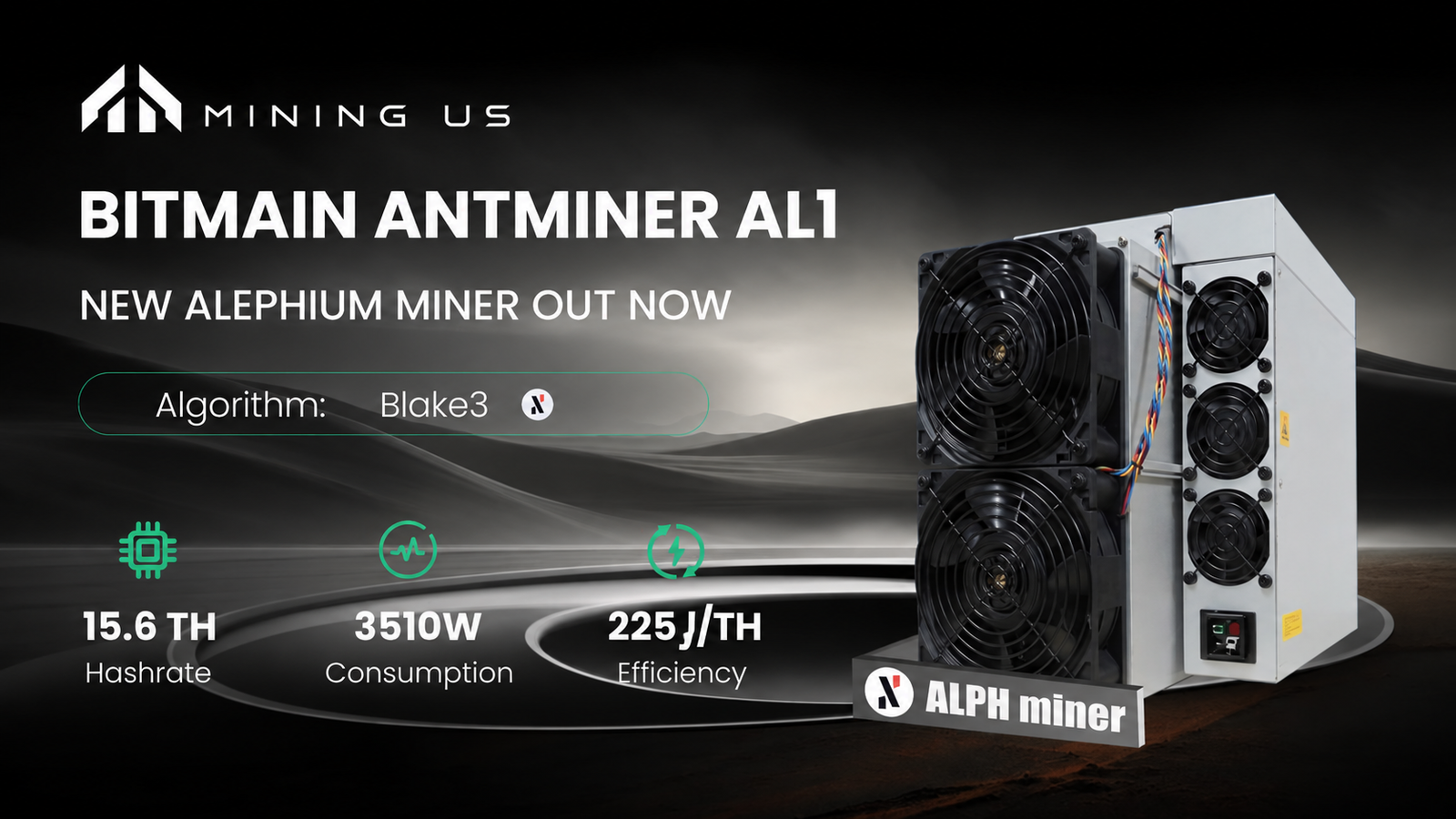MiningUS Antminer AL1 Blake3 15.6 TH/s 3510W 225 J/TH overview