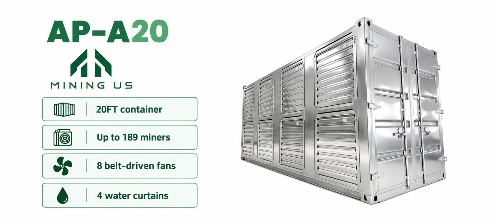 AP-A20 20FT container with capacity for 189 miners, eight fans and four water curtains