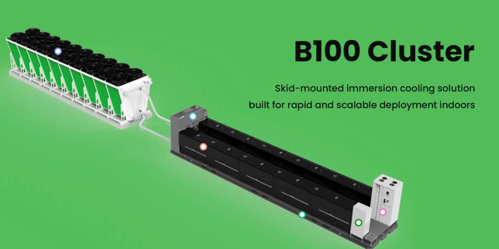 B100 Cluster skid-mounted immersion cooling system and dry cooler