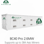 BC40 Pro 2.6MW 384-slot immersion cooling container with MiningUS branding