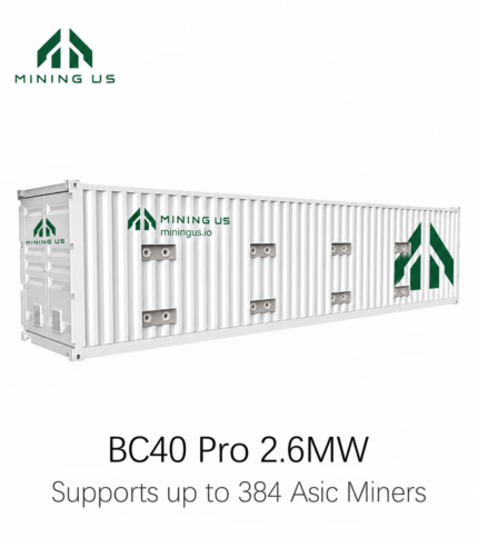 BC40 Pro 2.6MW 384-slot immersion cooling container with MiningUS branding