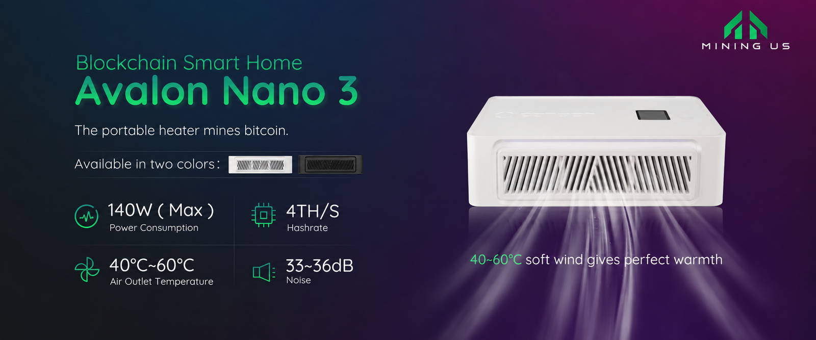 Avalon Nano 3 features: 4TH/s, 140W maximum, 40–60°C outlet air, 33–36dB